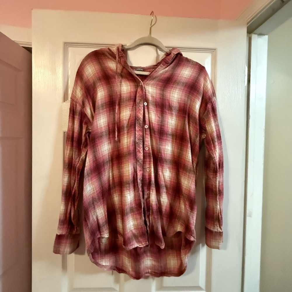 Aerie Pink and Cream Plaid Hooded Shirt